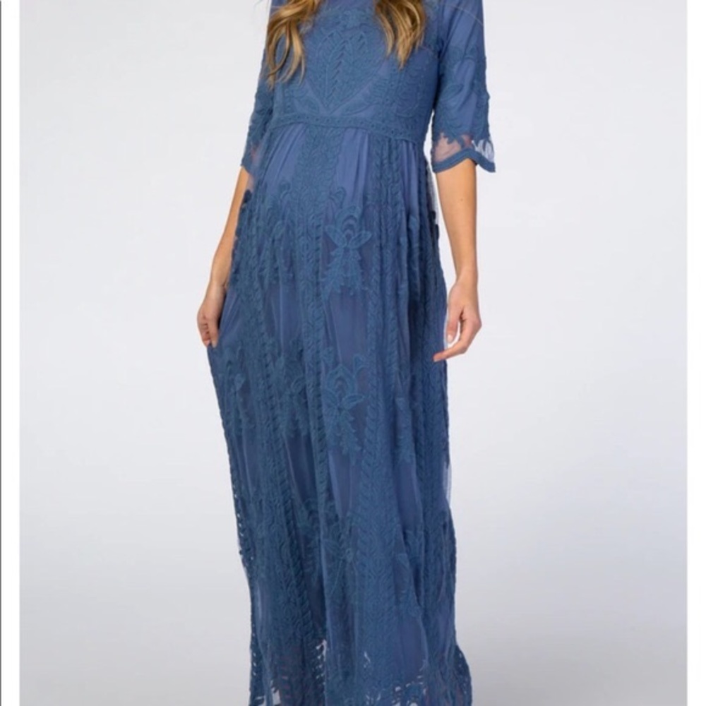 PinkBlush Blue Crochet Overlay Maternity Maxi Dress - size small/medium